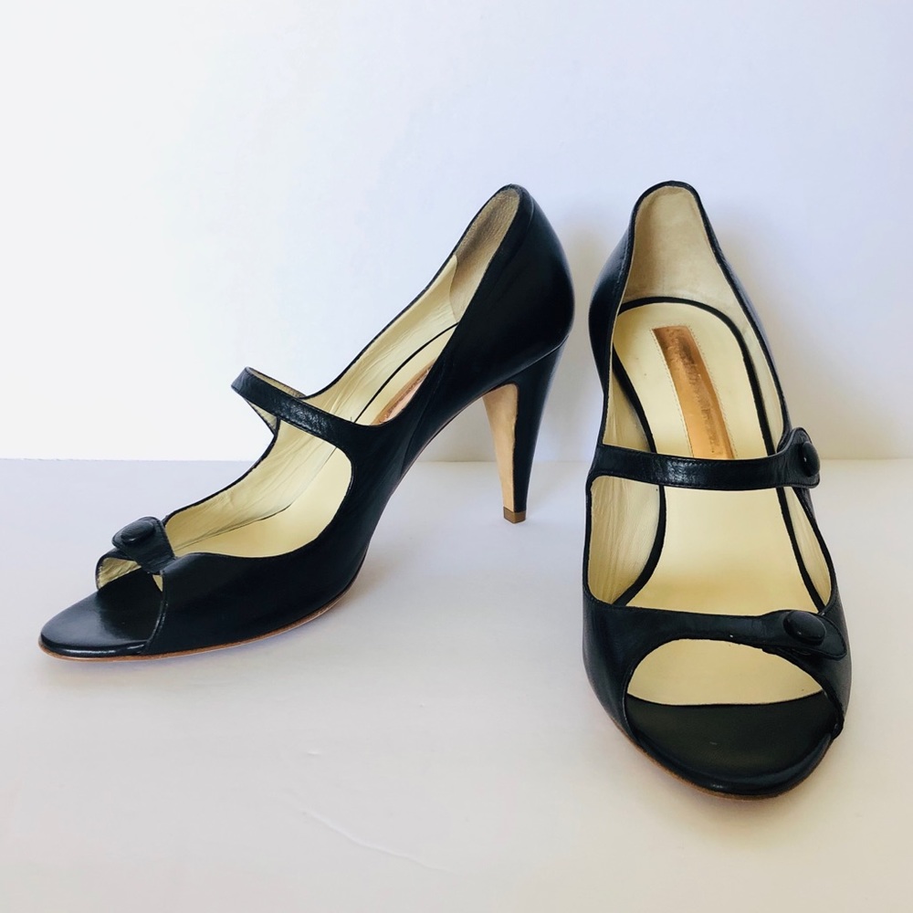 RUPERT SANDERSON Retro Mary Jane Open Toe Black Leather Heels Made in Italy